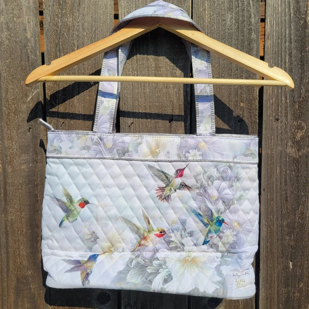 Lena Liu Hummingbird Quilted Tote Bag Floral Nature Art Shoulder Bag Zipper Top